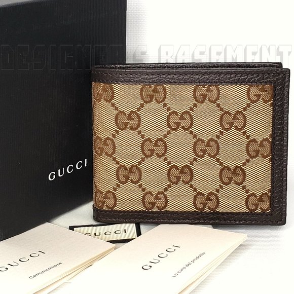 GUCCI Original GG Jacquard canvas & dark brown leather bifold Wallet NIB 260987 - Picture 1 of 5